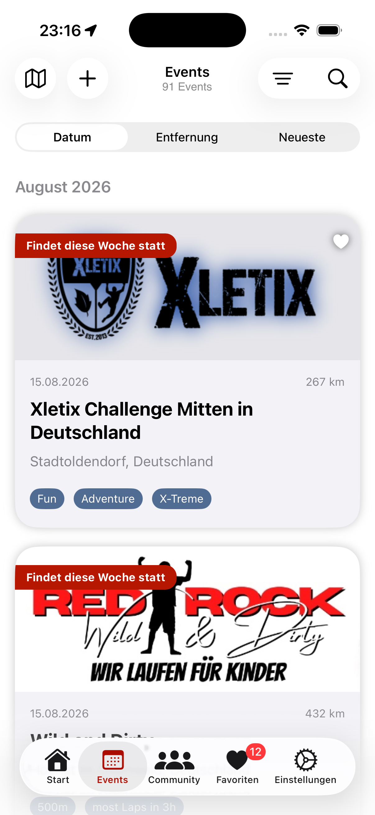 Current event list in the OCR Germany App